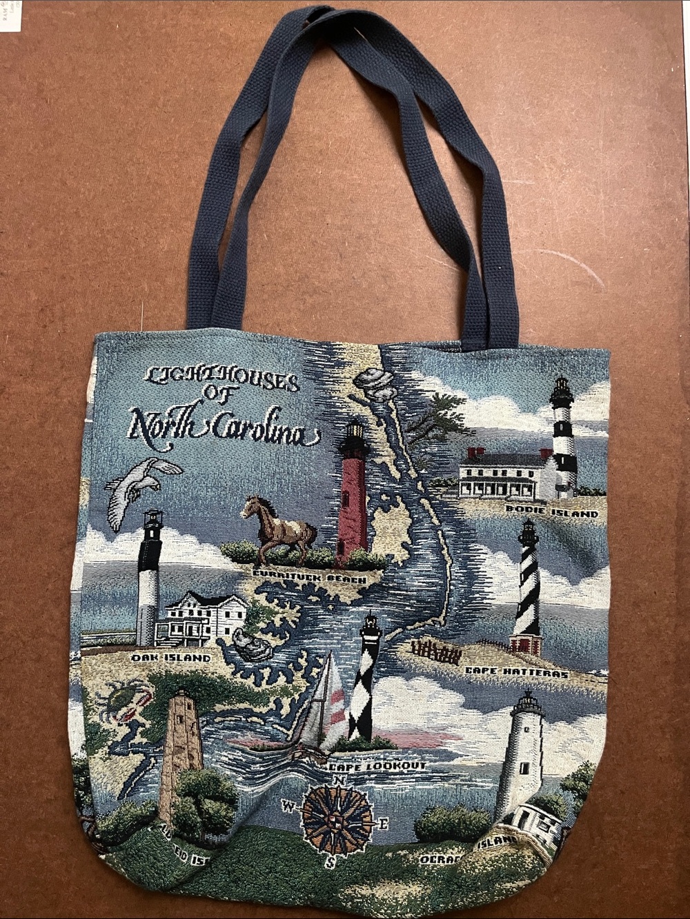 Vintage Riddle & Cockrell North Carolina Lighthouses Woven Tapestry Tote Bag